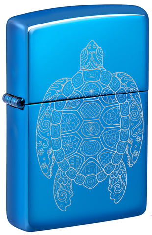 Front shot of Zippo Zen Turtle Design High Polish Blue Windproof Lighter standing at a 3/4 angle.
