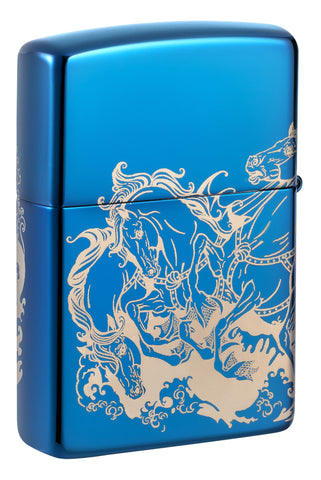 Back shot of Zippo Atlantis Design High Polish Blue Windproof Lighter standing at a 3/4 angle.