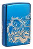 Back shot of Zippo Atlantis Design High Polish Blue Windproof Lighter standing at a 3/4 angle.