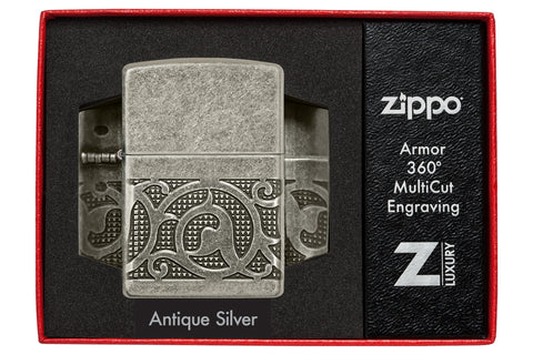Zippo Pattern Armor Antique Silver Windproof Lighter in its packaging.