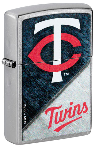 Front shot of MLB® Minnesota Twins™ Street Chrome™ Windproof Lighter standing at a 3/4 angle.