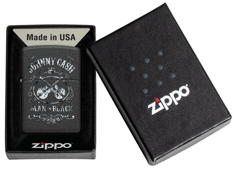 Zippo Johnny Cash Black Crackle Windproof Lighter in its packaging.