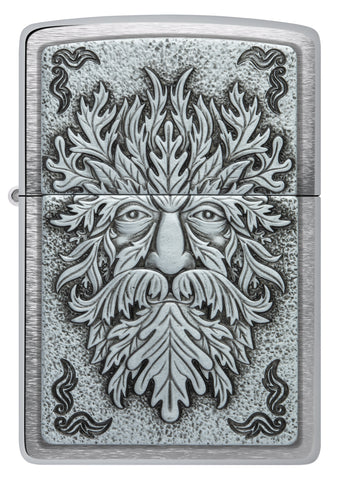 Front shot of Zippo Greenman Emblem Brushed Chrome Windproof Lighter.