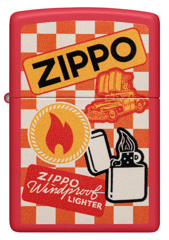 Front view of Zippo Retro Design Red Matte Windproof Lighter.