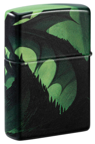 Back shot of Zippo Glowing Dragon Design 540 Color Glow in the Dark Windproof Lighter standing at a 3/4 angle.