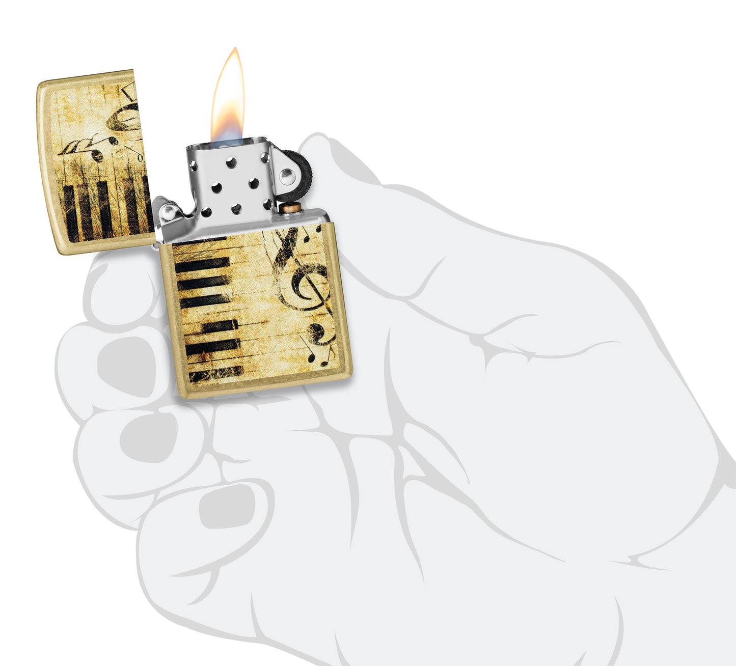 Zippo Nothing but Treble Design Street Brass Windproof Lighter lit in hand.