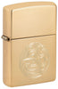 Front shot of Zippo 420 Design High Polish Brass Windproof Lighter standing at a 3/4 angle.
