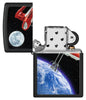 Zippo Earth Mix Design Texture Print Black Matte Windproof Lighter with its lid open and unlit.
