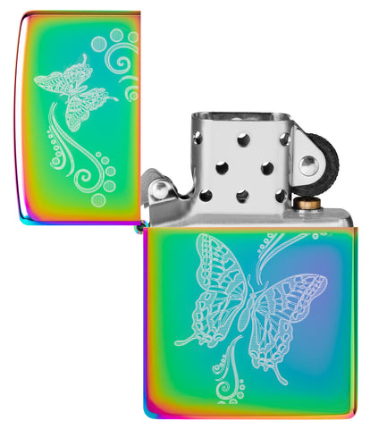 Zippo Butterfly Design Multi-Color Windproof Lighter with its lid open and unlit.