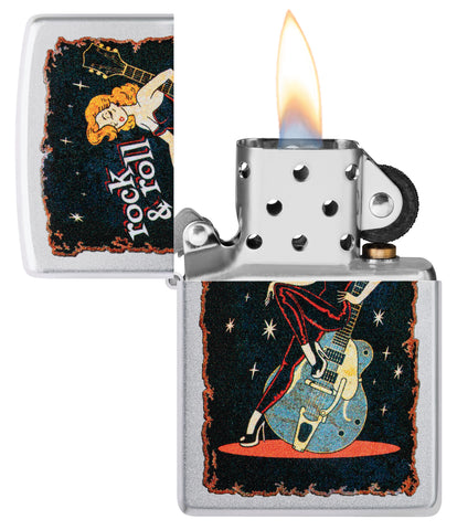 Zippo Cool Chick Design Satin Chrome Windproof Lighter with its lid open and lit.