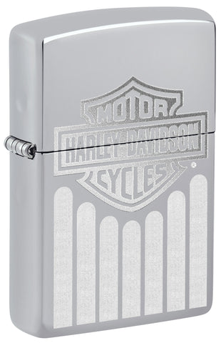 Front view of Zippo Harley-Davidson® High Polish Chrome Windproof Lighter standing at a 3/4 angle.