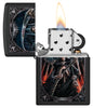 Zippo Anne Stokes Final Verdict Black Matte Windproof Lighter with its lid open and lit.