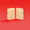 Lifestyle image of two Zippo Design High Polish Brass Windproof Lighters on a red background.