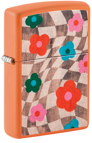 Front shot of Zippo Wavy Flower Design Orange Matte Windproof Lighter standing at a 3/4 angle.