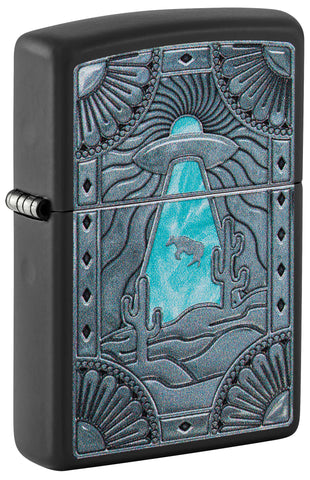 Front shot of Zippo Cow Abduction Design Black Matte Windproof Lighter standing at a 3/4 angle.