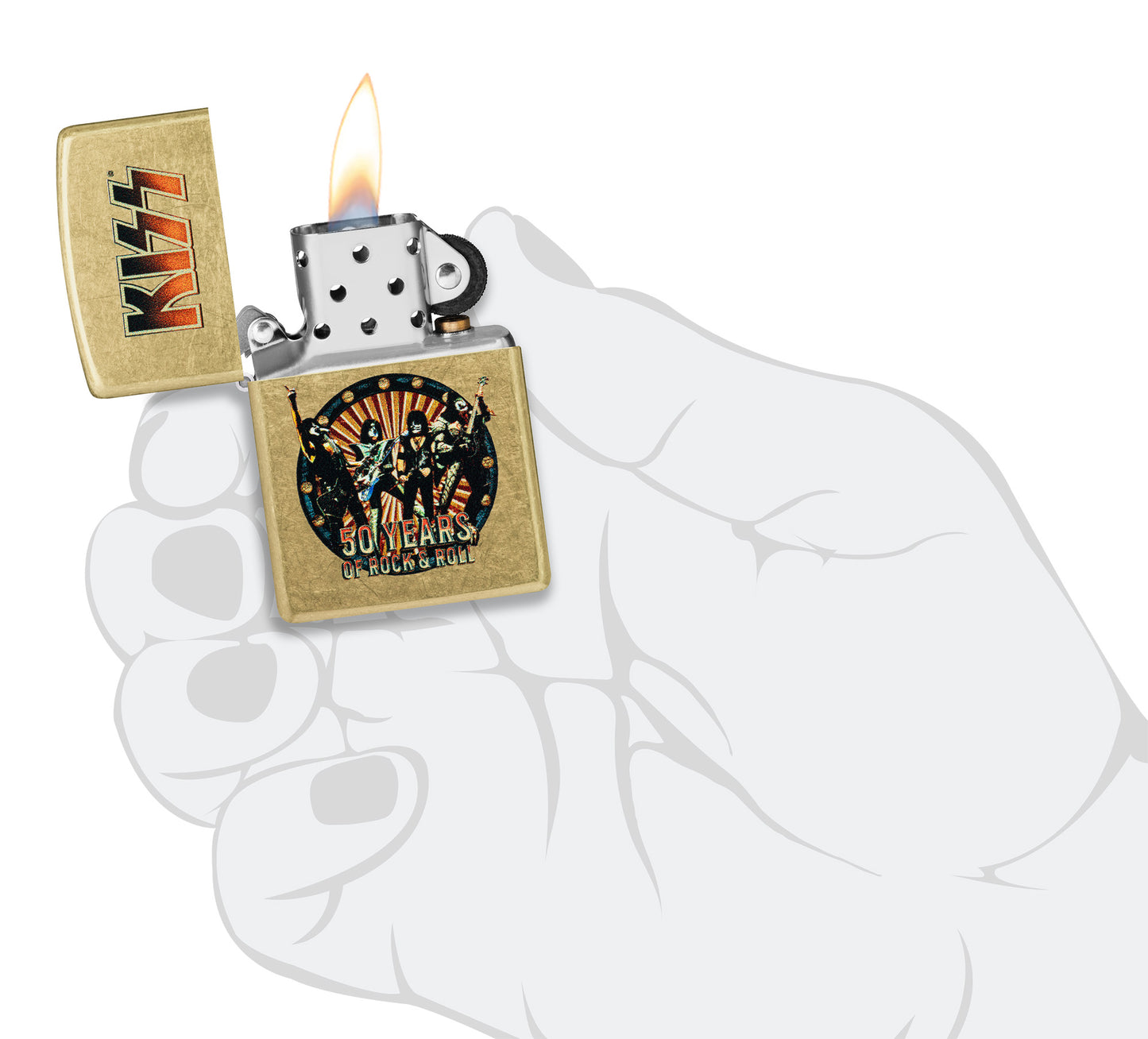 Zippo KISS® 50 Years Design Street Brass Windproof Lighter lit in hand.
