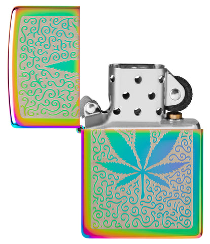 Zippo Cannabis Design Multi-Color Windproof Lighter with its lid open and unlit.