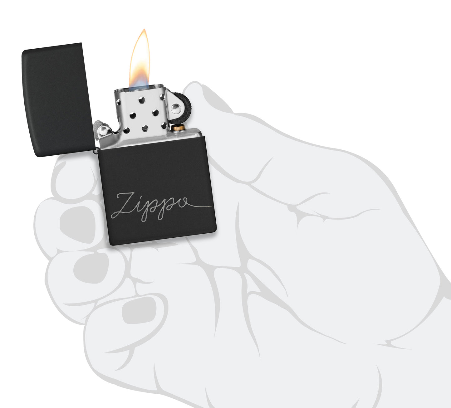 Zippo Design Black Matte with Chrome Windproof Lighter lit in hand.