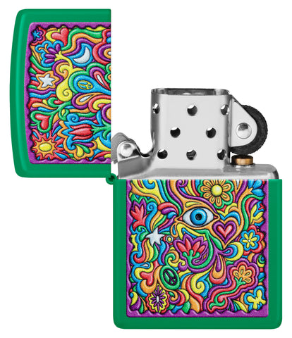 Zippo Trippy Design Grass Green Matte Windproof Lighter with its lid open and unlit.