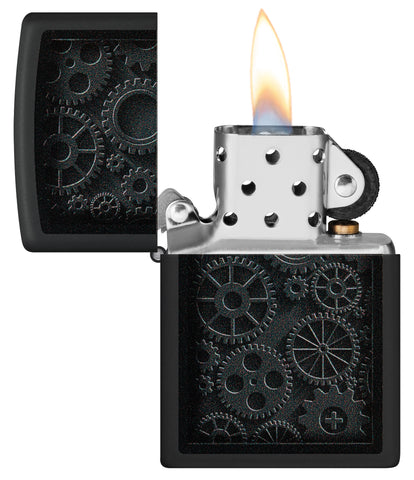 Zippo Steampunk Design Black Matte Windproof Lighter with its lid open and lit.