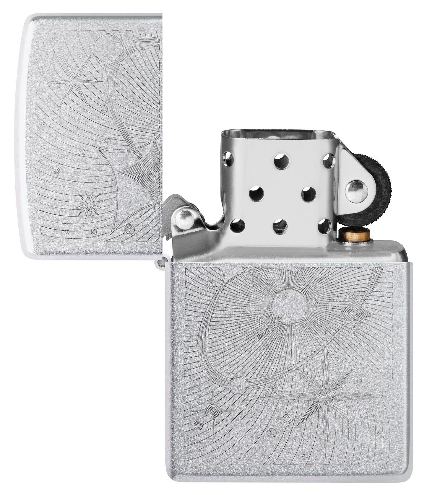 Zippo Atomic Cosmos Design Satin Chrome Windproof Lighter with its lid open and unlit.