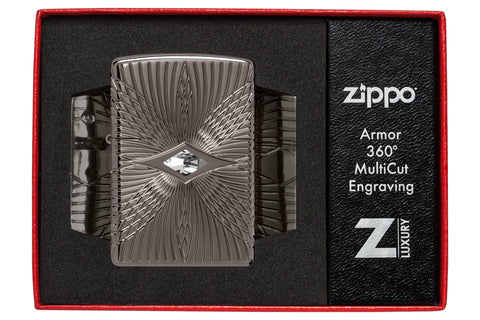 Angled shot of Zippo Pattern Armor Black Ice Windproof Lighter showing the front and right side of the lighter.