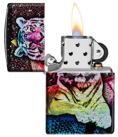 Zippo Tiger Glory 540 Tumbled Chrome Windproof Lighter with its lid open and lit.