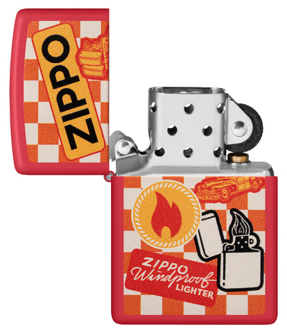 Zippo Retro Design Red Matte Windproof Lighter with its lid open and unlit.