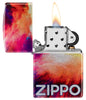 Zippo Tie Dye Design 540 Tumbled Chrome Windproof Lighter with its lid open and lit.