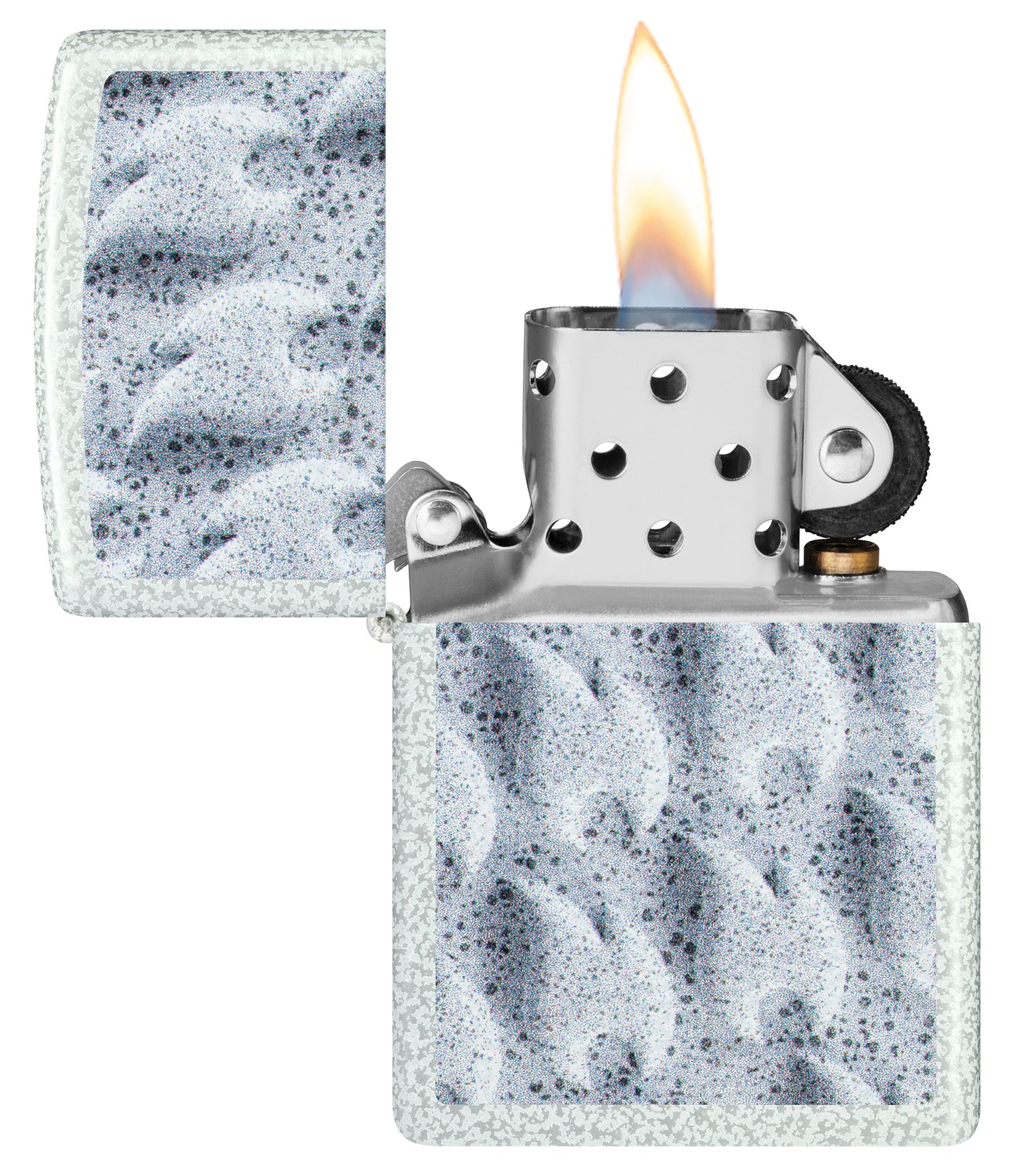 Zippo Frozen Flames Design Glacier Windproof Lighter with its lid open and lit.