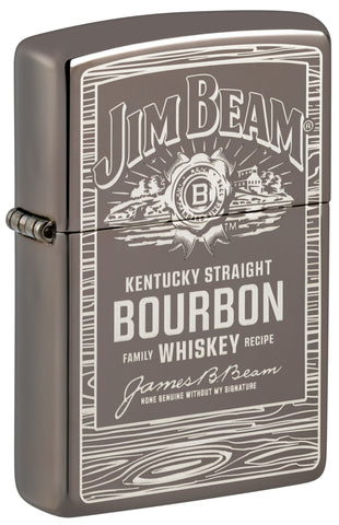 Front shot of Zippo Jim Beam Black Ice Windproof Lighter standing at a 3/4 angle.