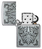 Zippo Greenman Emblem Brushed Chrome Windproof Lighter with its lid open and unlit.