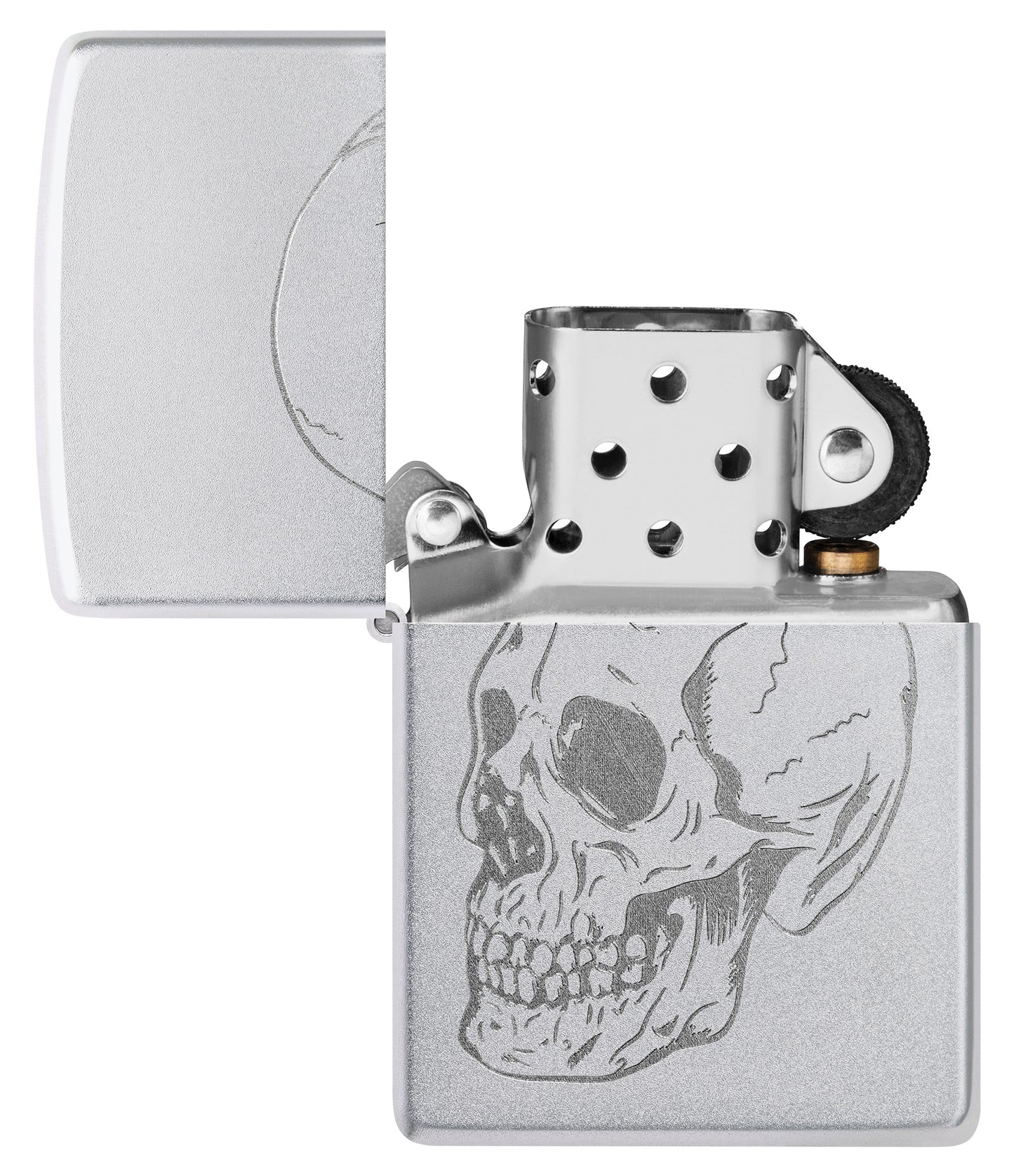 Zippo Subtle Skull Design Satin Chrome Windproof Lighter with its lid open and unlit.