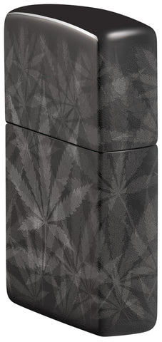 Angled shot of Zippo Cannabis Design High Polish Black Windproof Lighter showing the front and right side of the lighter.