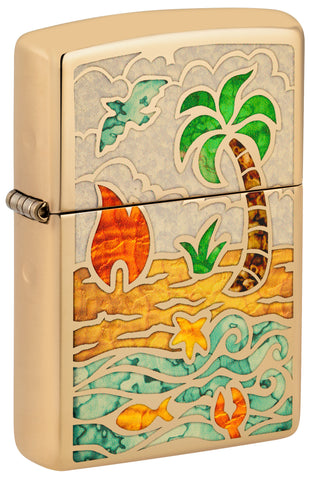 Front shot of Zippo Beach Day Design High Polish Brass Windproof Lighter standing at a 3/4 angle.