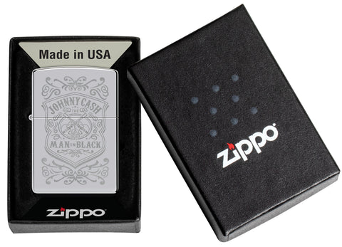 Zippo Johnny Cash High Polish Chrome Windproof Lighter in its packaging.