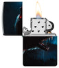 Zippo Horror Wolf 540 Matte Windproof Lighter with its lid open and lit.