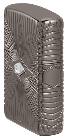 Angled shot of Zippo Pattern Armor Black Ice Windproof Lighter showing the back and hinge side of the lighter.