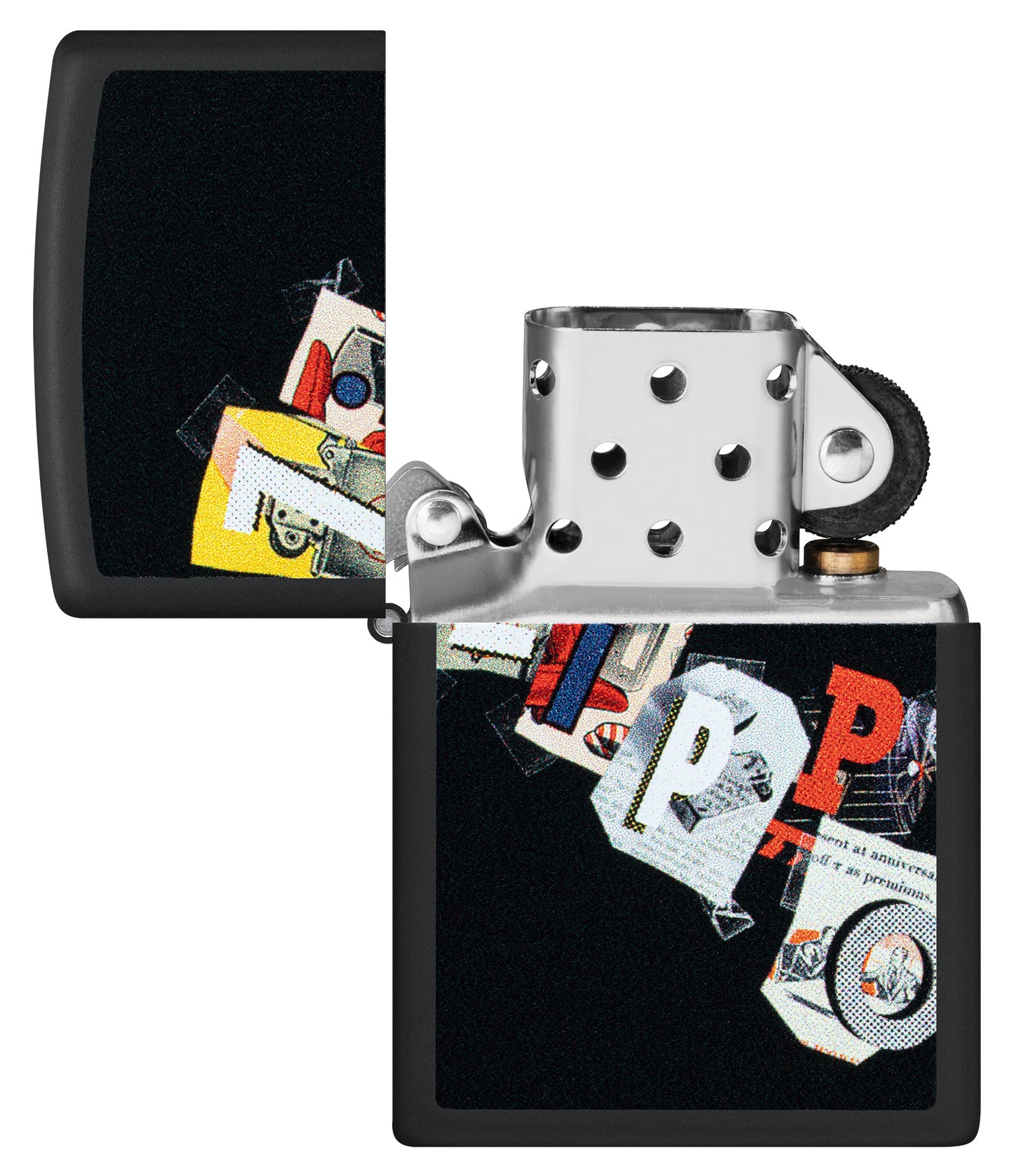 Zippo Cut and Paste Design Black Matte Windproof Lighter with its lid open and unlit.