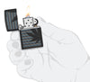 Zippo Cannabis Design Black Matte Windproof Lighter lit in hand.