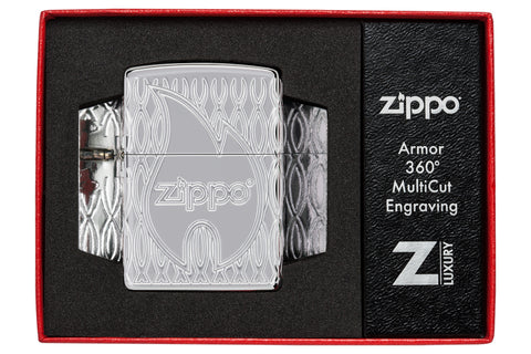 Zippo Flame Design Armor High Polish Chrome Windproof Lighter in its packaging.