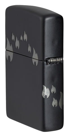 Angled shot of Zippo Design Black Matte with Chrome Windproof Lighter showing the back and hinge side of the lighter.