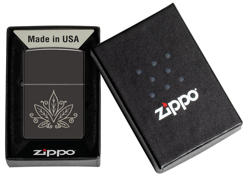 Zippo Cannabis Design High Polish Black Windproof Lighter in its packaging.