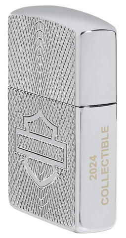 Angled shot of Zippo Harley-Davidson® Armor High Polish Chrome Windproof Lighter showing the front and right side of the lighter.