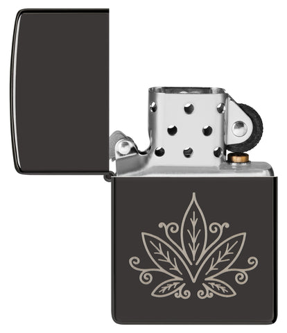 Zippo Cannabis Design High Polish Black Windproof Lighter with its lid open and unlit.