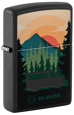 Front shot of Zippo RAM Black Matte Windproof Lighter standing at a 3/4 angle.