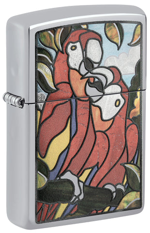 Front shot of Zippo Parrot Pals Design High Polish Chrome Windproof Lighter standing at a 3/4 angle.