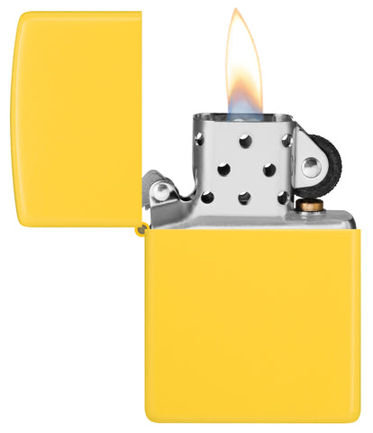 Zippo Classic Sunflower Windproof Lighter with its lid open and lit.