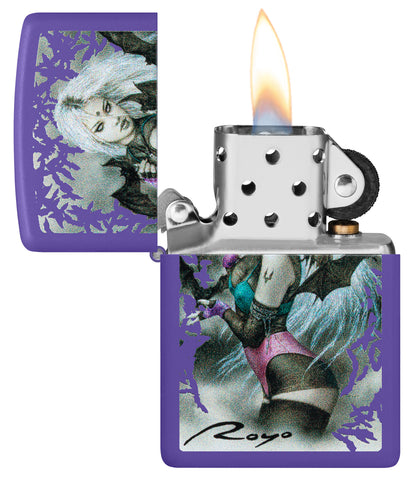 Zippo Luis Royo Purple Matte Windproof Lighter with its lid open and lit.