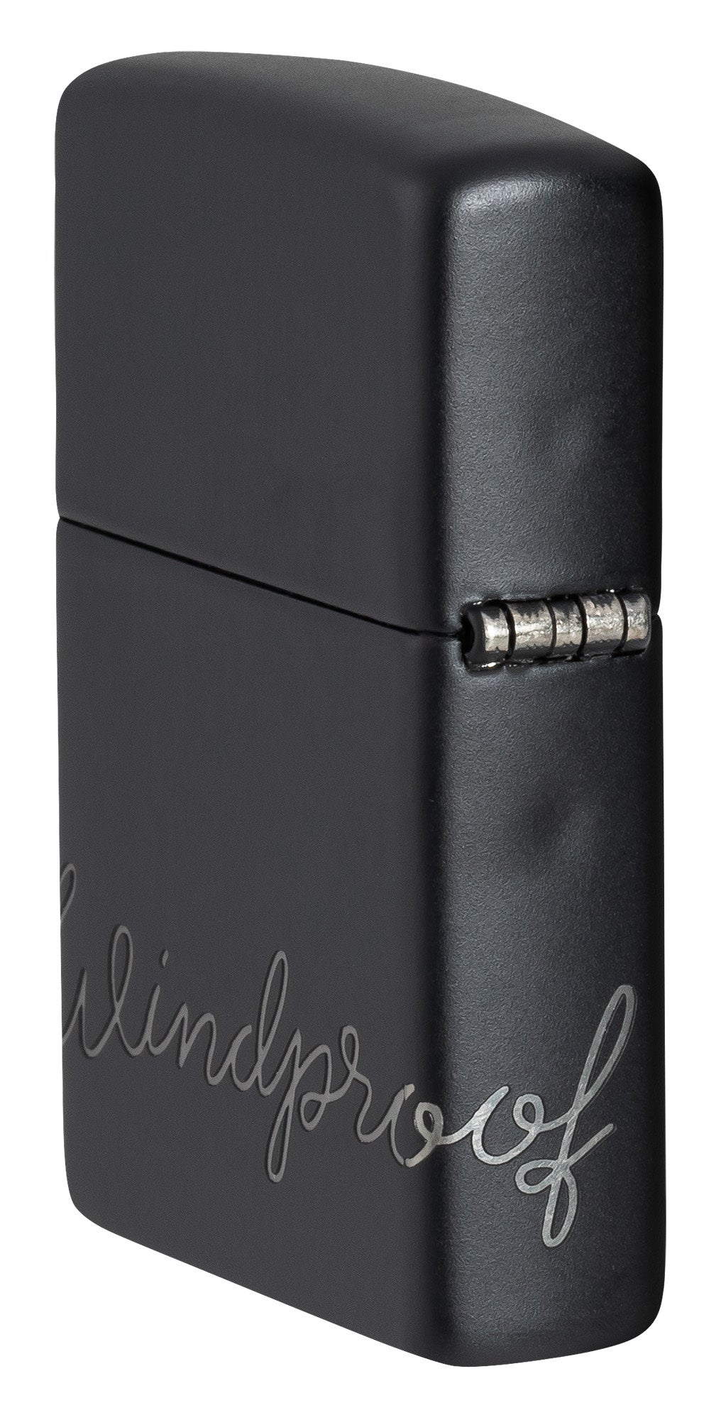 Angled shot of Zippo Design Black Matte with Chrome Windproof Lighter showing the back and hinge side of the lighter.